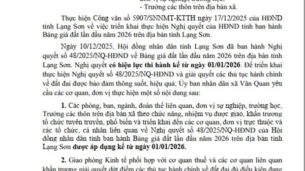 Công văn vê việc triển khai thực hiện Nghị quyết của HĐND tỉnh ban hành Bảng giá đất lần đầu năm 2026 trên địa bàn tỉnh Lạng Sơn