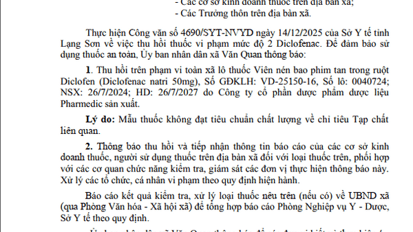 Công văn về việc thu hồi thuốc vi phạm mức độ 2 Diclofenac