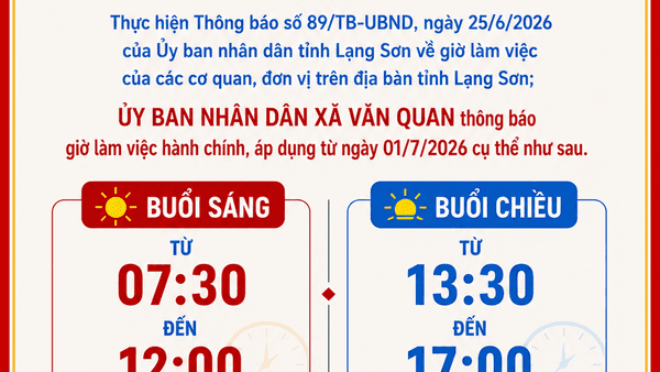THÔNG BÁO Thay đổi giờ làm việc của Ủy ban nhân dân xã Văn Quan